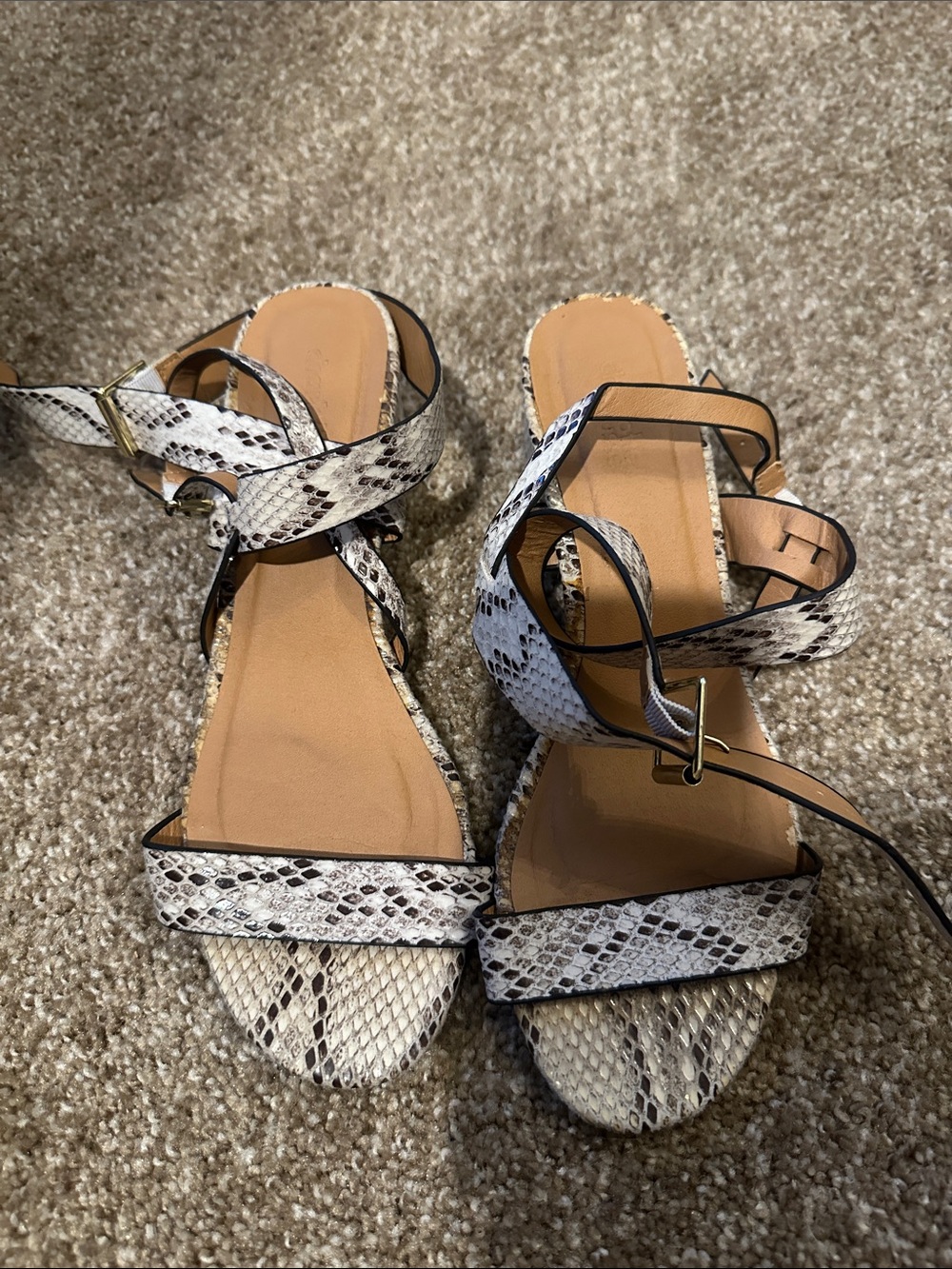Charlotte Russe White and Tan Snake-Print Ankle Strap Sandals